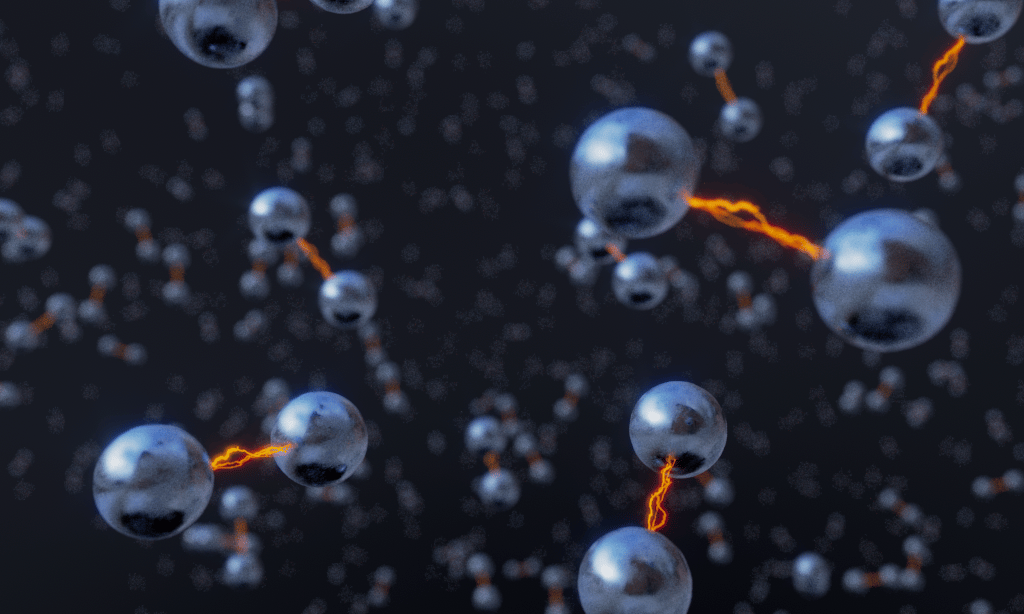 a group of spheres with orange lines