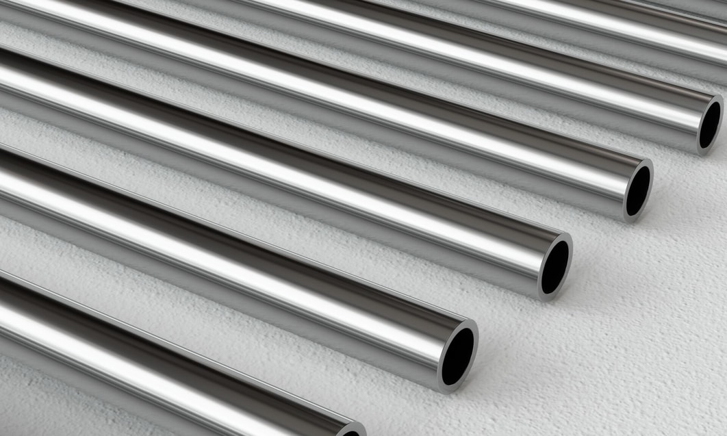 several metal pipes on a white surface